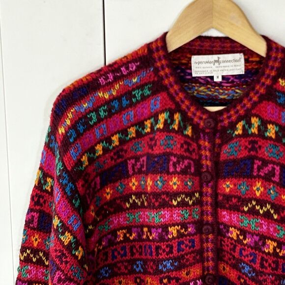 Peruvian Connection 100% Alpaca Cardigan Sweater Size Medium Colorful Peru - Picture 2 of 8